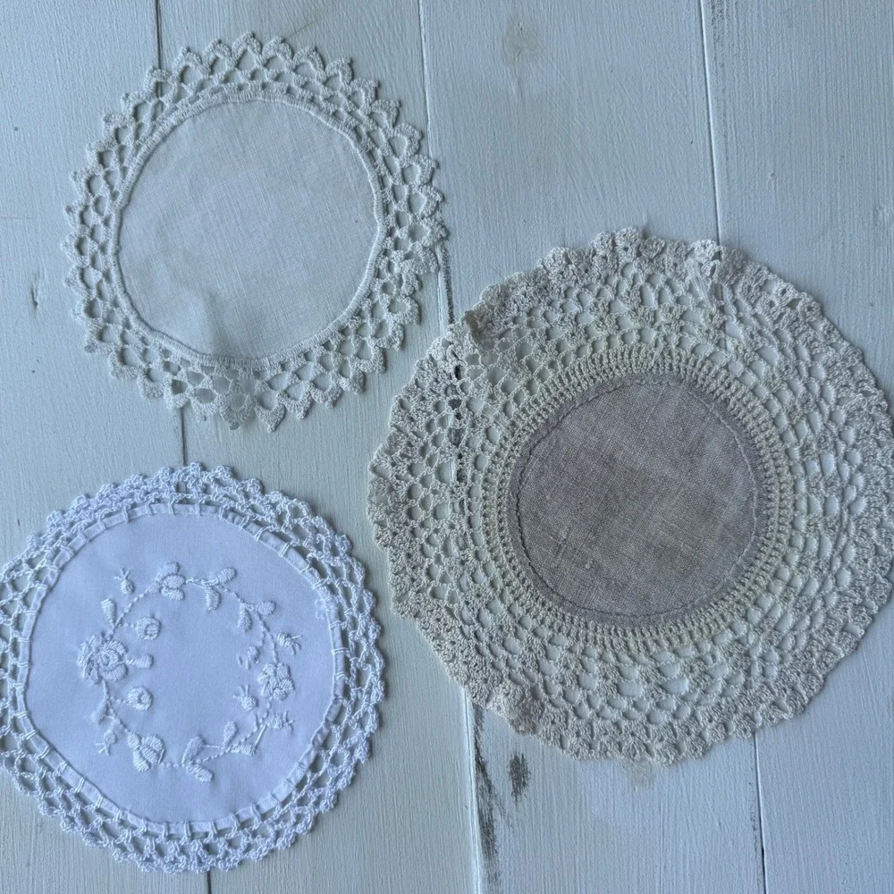 Vintage White Linen Embroidered Crochet Lace Doilies Set of 3 Coasters 7-8 Inch